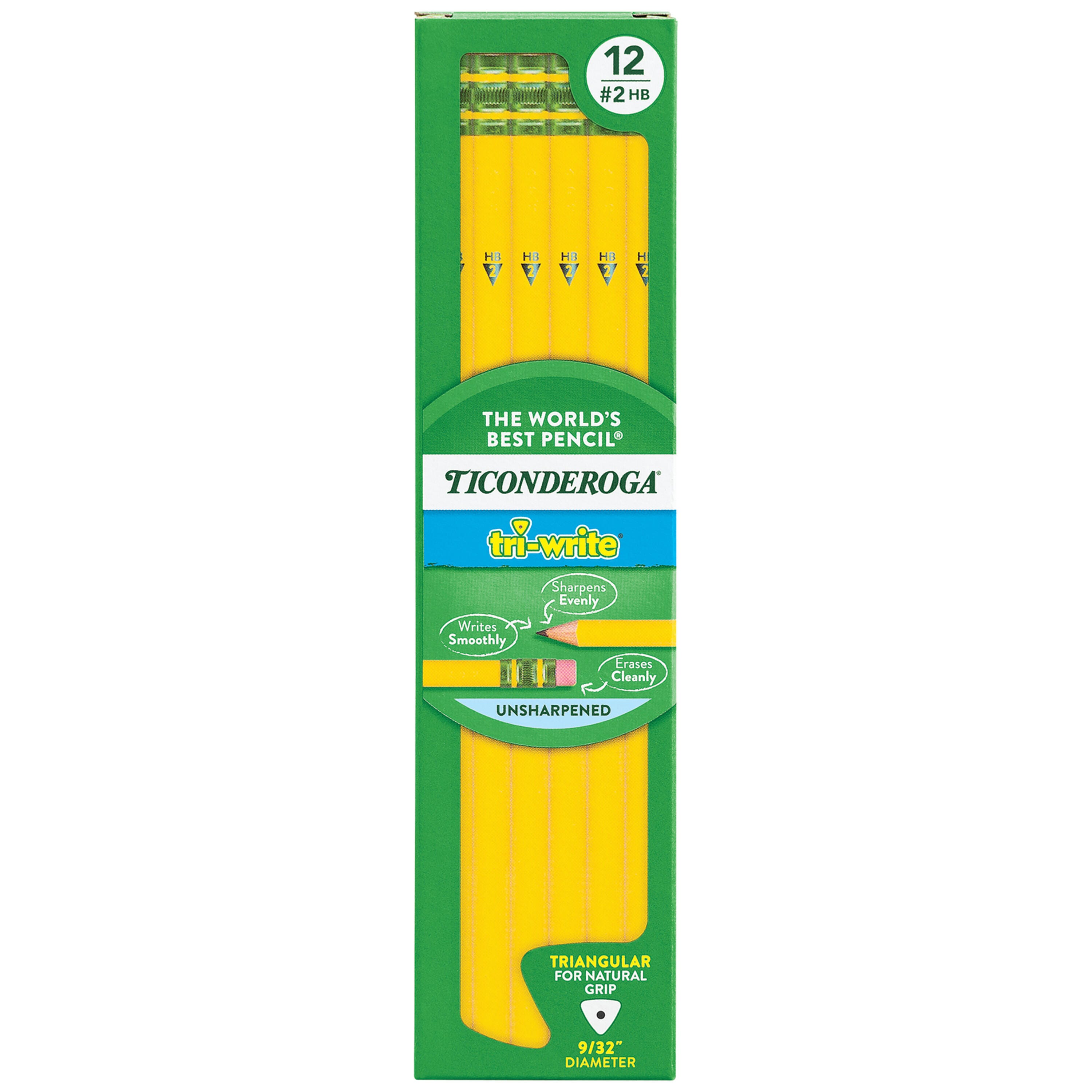 Ticonderoga Tri-Write Triangular Pencils, No 2 Tips, Yellow, Pack of 12 076464